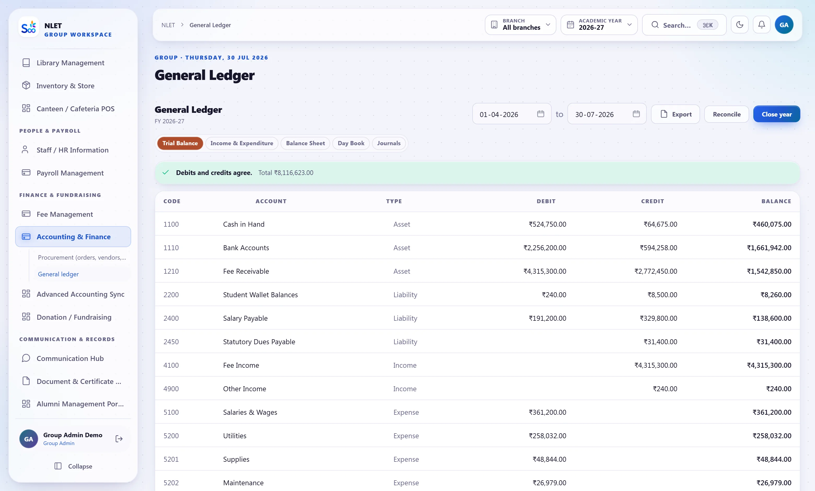 The accounting sync screen showing posted entries and export options