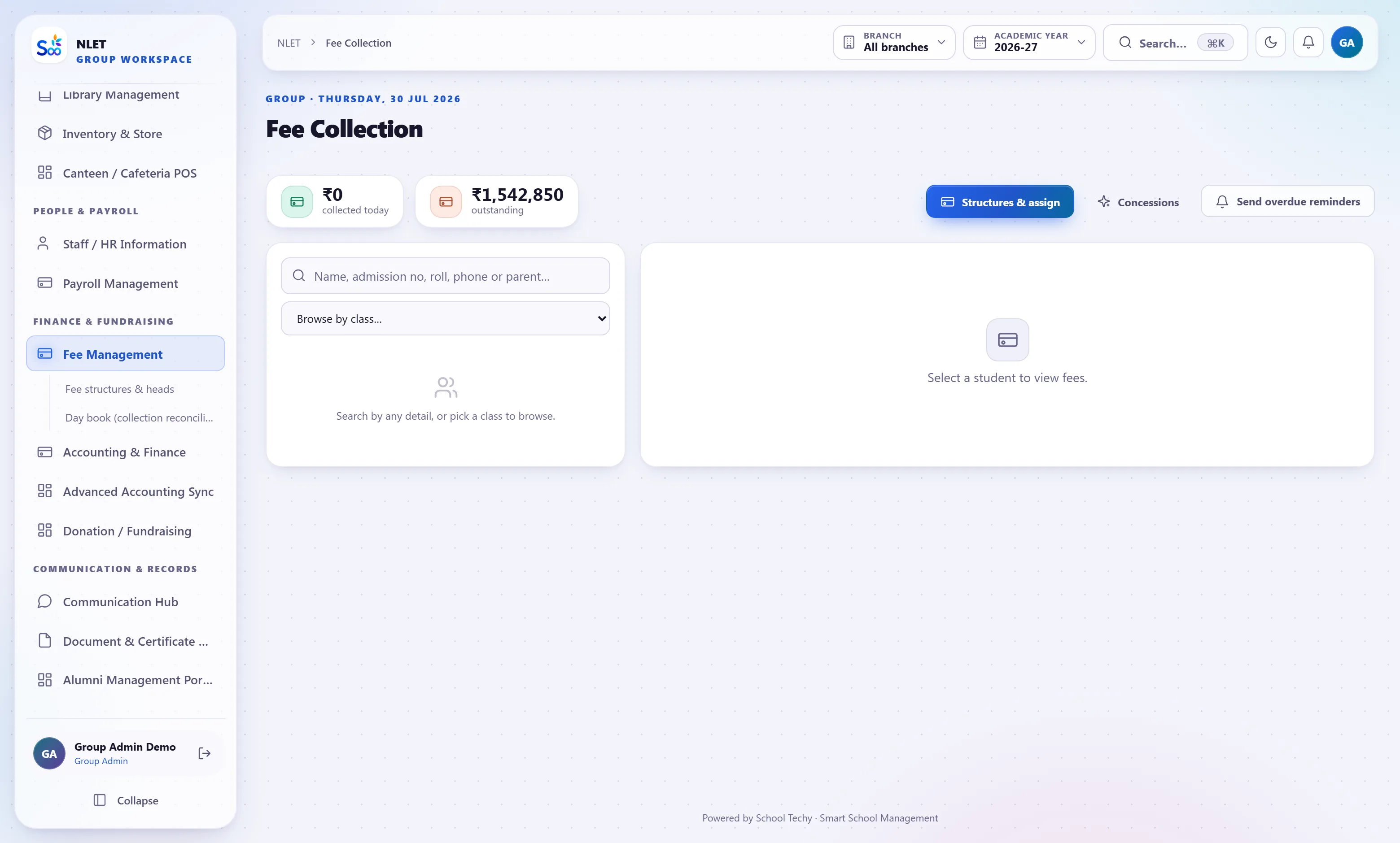 The fee collection screen with outstanding by class, receipts and the linked ledger entry