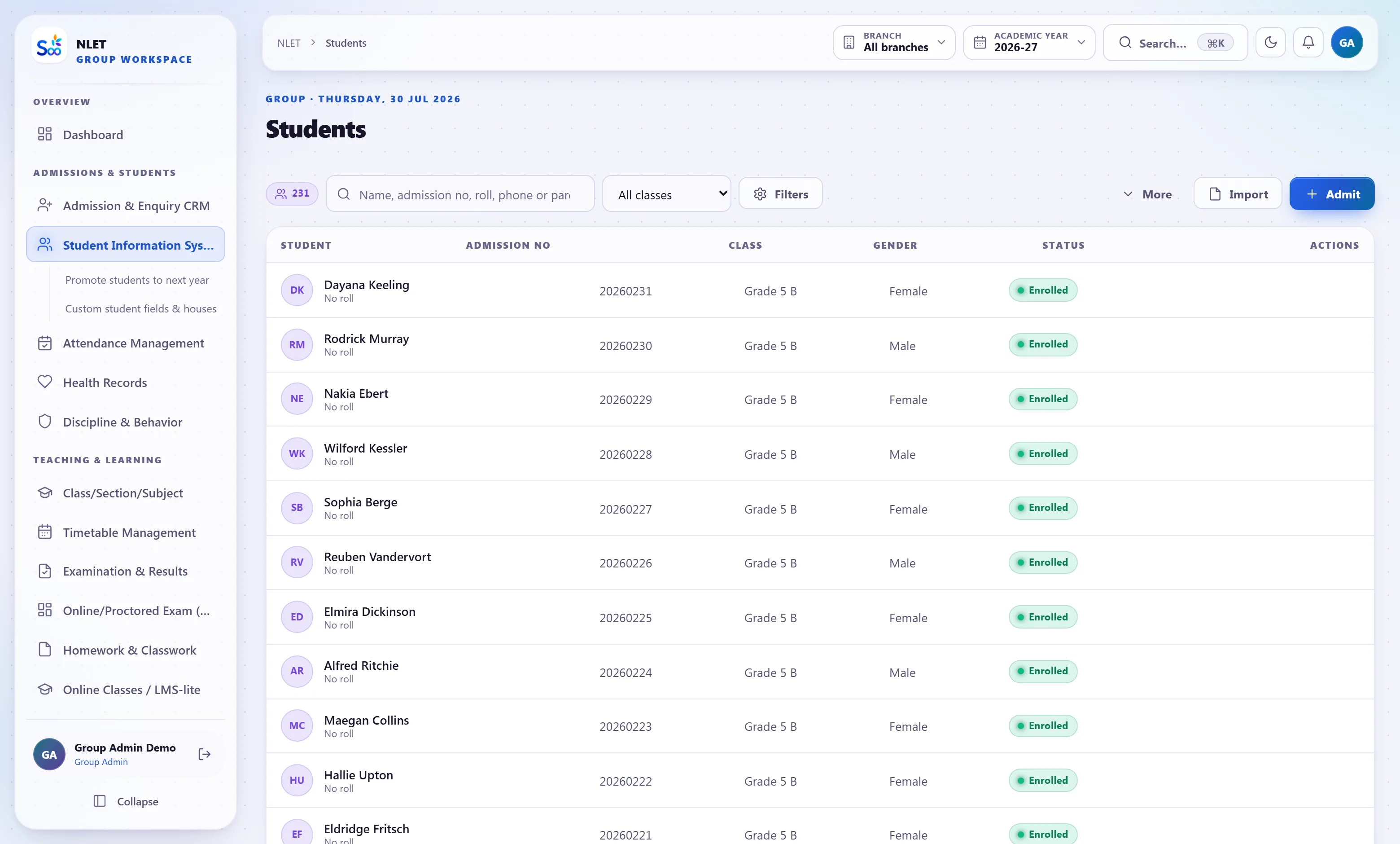 The student list with class, section, fee status and attendance on one screen