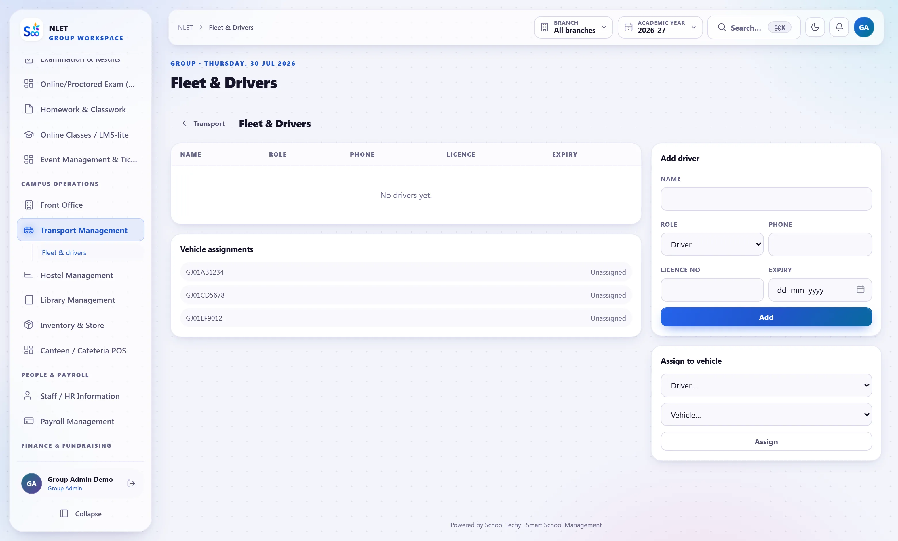 Fleet register with vehicle documents and expiry dates